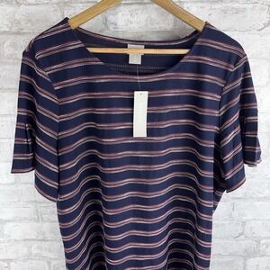 New Chico's Knit Top Embroidered Stripe Tee Navy‎ Red White Stretch Size 3 XL